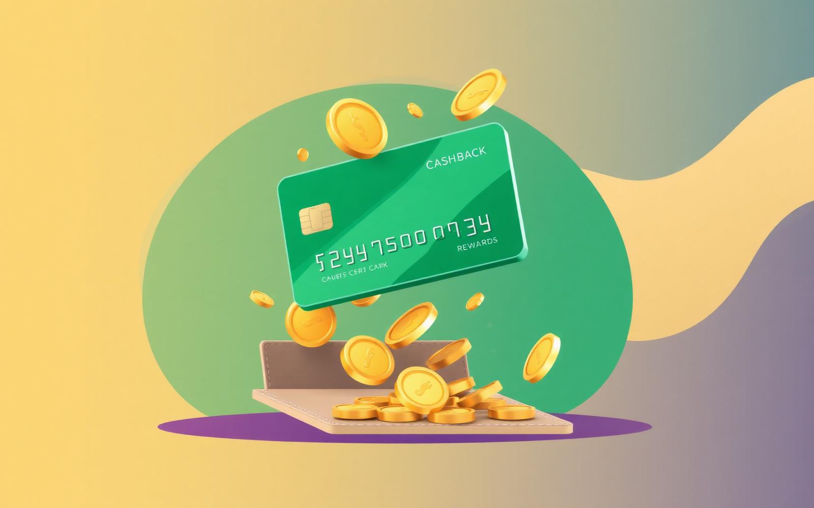 Illustration of a credit card with gold coins flowing into a wallet, representing cashback rewards